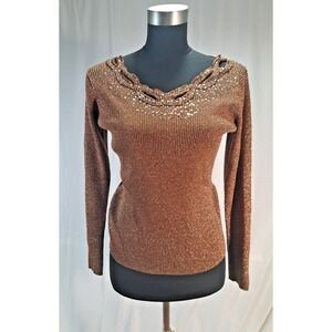 Once Again Womens Metallic Copper Ribbed Knit Beaded Sequin Sweater Top Medium